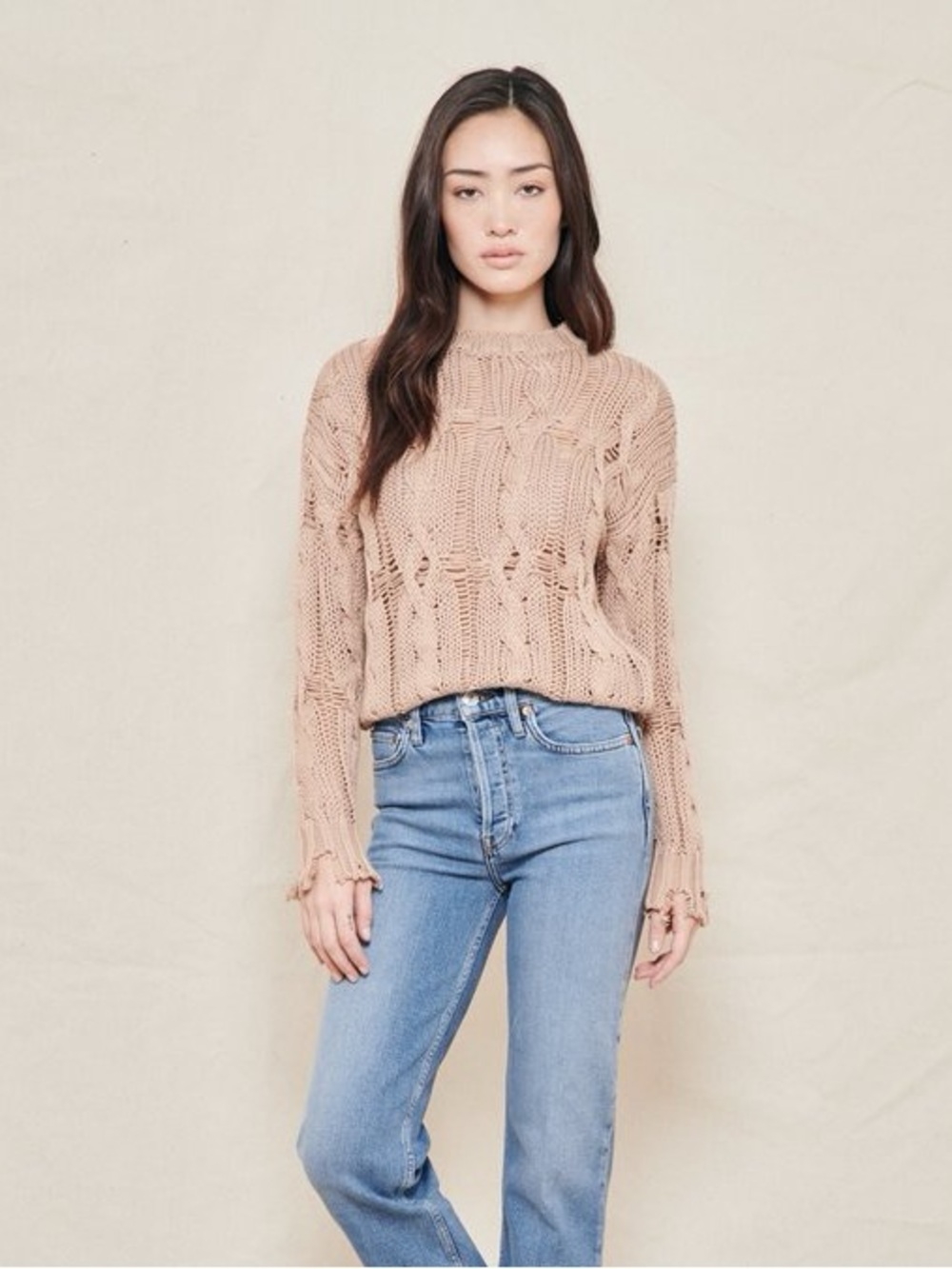 SABLYN Women’s XS Mitzy Cable Knit Distressed Sweater Burnt Sugar Cashmere Silk